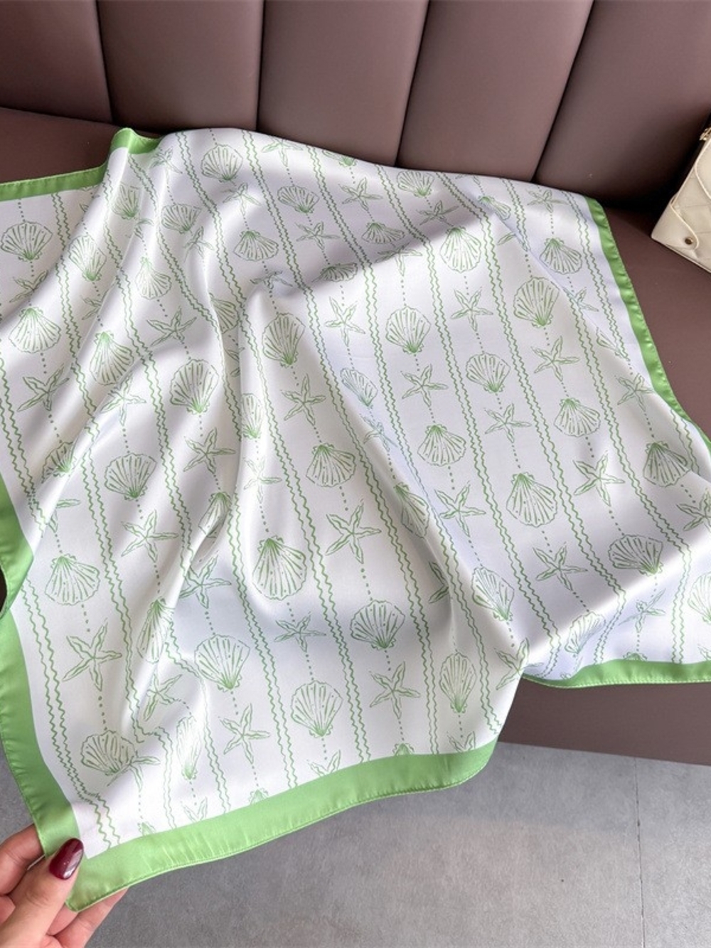 Silk-feel Green & White Shell Print Silk Scarf Head, Neck 70*70cm